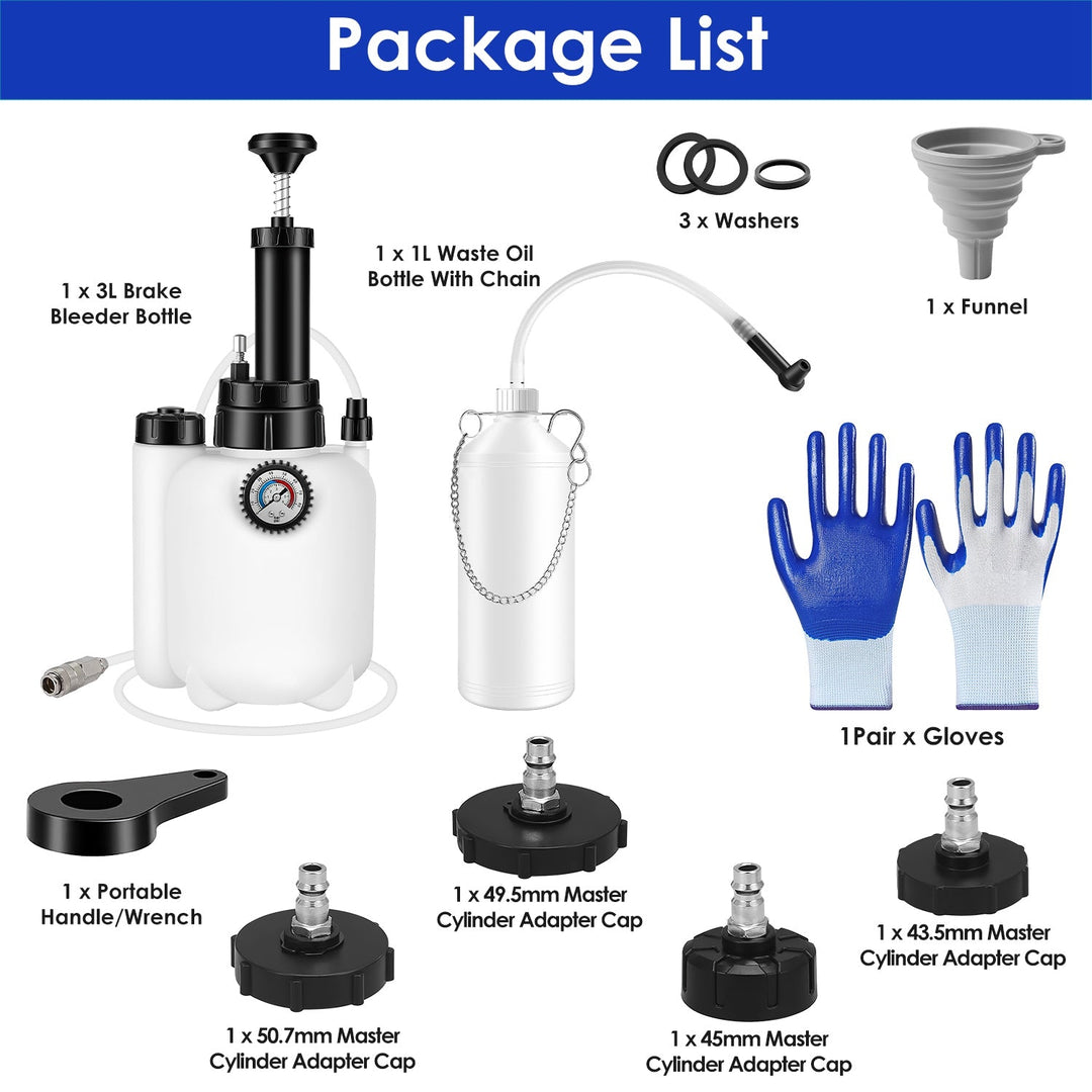 3L Manual Brake Bleeder Kit – Vacuum Pump with 1L Waste Bottle & 4 Adapters