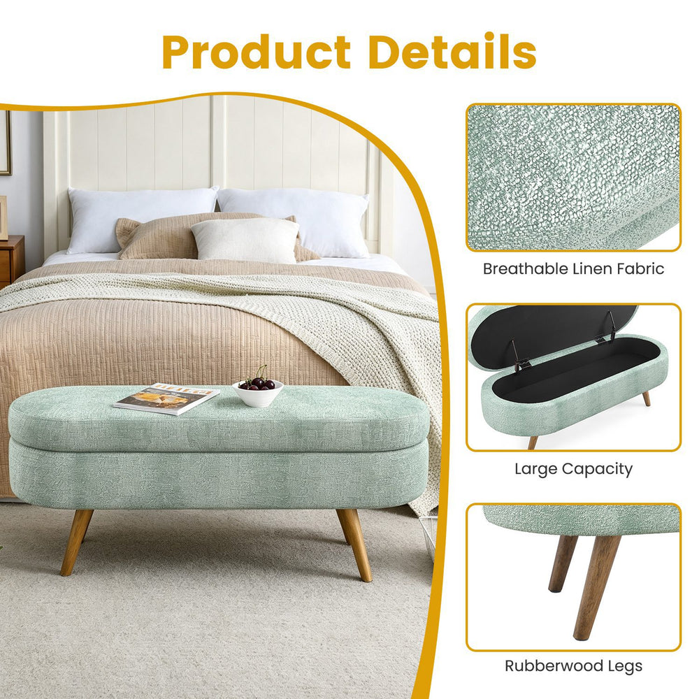 Oval Storage Ottoman Bench, Upholstered Storage Bench with Rubberwood Legs, Multifunctional Entryway Bench for Bedroom L