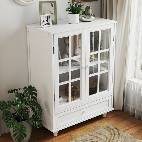 Buffet Cabinet with Glass Doors and Adjustable Shelves, Modern Storage Sideboard Cabine