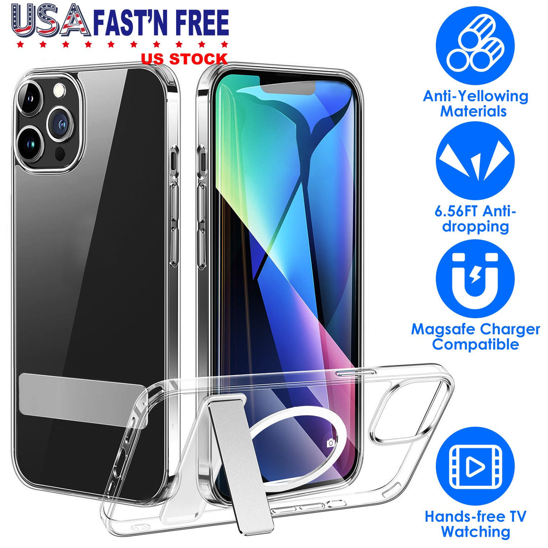 Magnetic Metal Kickstand Clear Case Shockproof Anti Yellowing Phone Cover Compatible with Magsafe Fit for IOS Phone 14