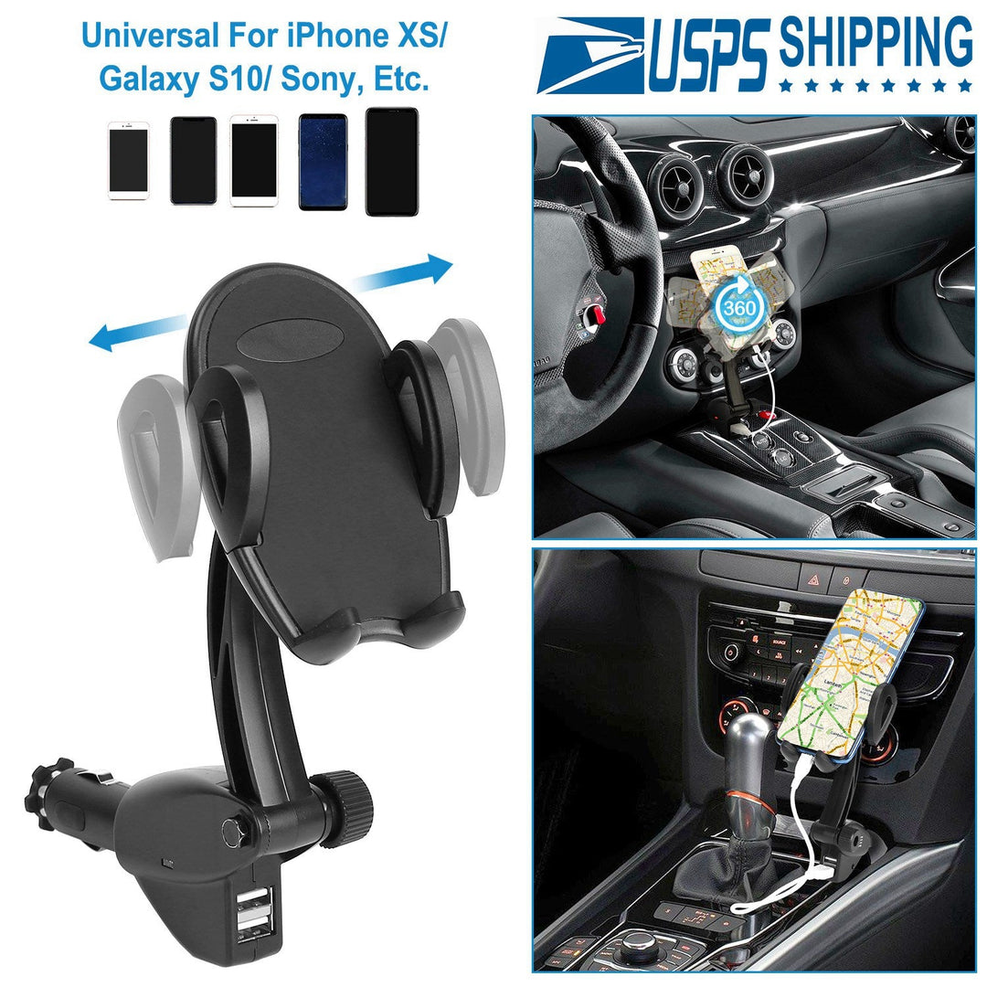 360¡ Rotation Car Phone Mount 3.1A Dual USB Cigarette Lighter Phone Holder Universal