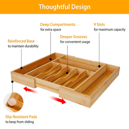 Bamboo Drawer Divider Kitchen Expandable Cutlery Tray Organizer Utensil Holder w/ Grooved Dividers