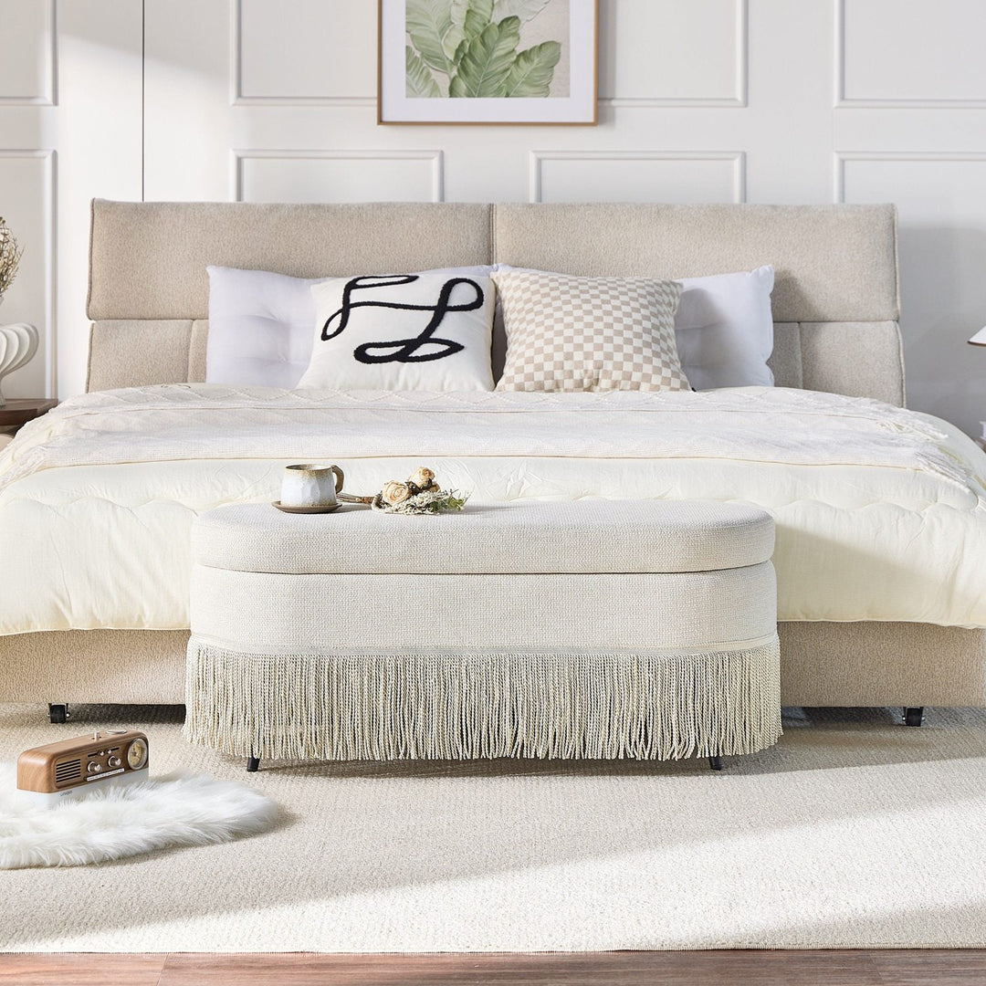 Oval Upholstered Storage Ottoman with Fringe Trim, 39.4"