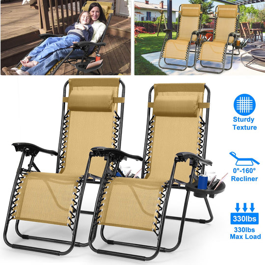 2Packs Zero Gravity Lounge Chair w/ Dual Side Tray 330lbs Load Foldable Recliner Chair w/ Stress Relief Pillow Patio Poolside Beach Lying Chair