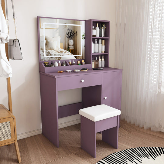 Purple Vanity Desk with Lighted Mirror & Padded Stool