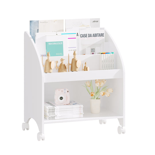 Kids Bookshelf with Wheels, 3-Tier Front Display Bookcase with Storage Shelf, Mobile Children Book Organizer with Lockab