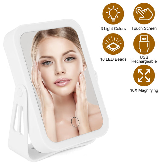 10X Magnifying Lighted Makeup Mirror Double Sided Travel Makeup Mirror with 3 Light Colors Touch Screen USB Rechargeable