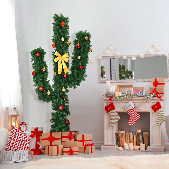 6 Feet Artificial Cactus PVC Christmas Tree with LED Lights and Ball Ornaments