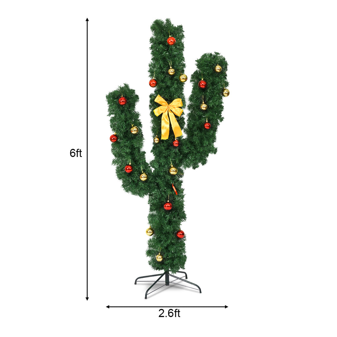 6 Feet Artificial Cactus PVC Christmas Tree with LED Lights and Ball Ornaments