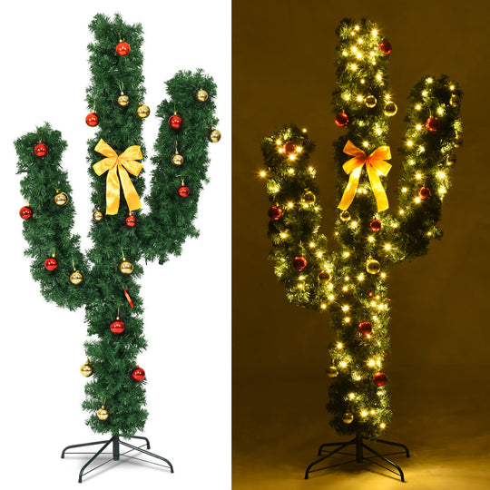 6 Feet Artificial Cactus PVC Christmas Tree with LED Lights and Ball Ornaments