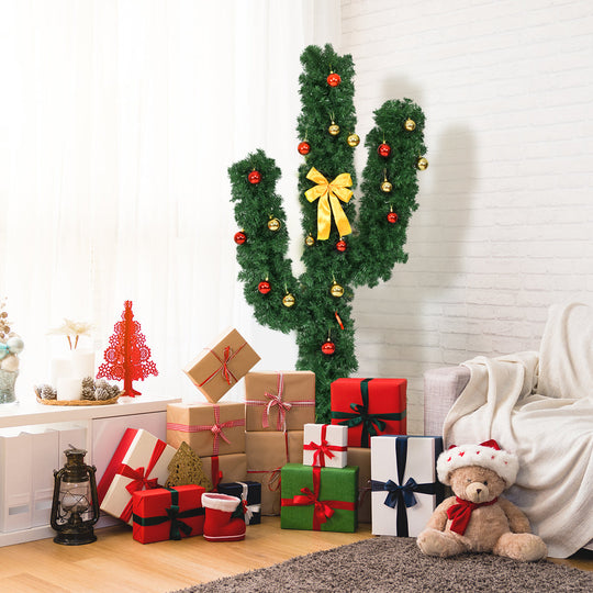 6 Feet Artificial Cactus PVC Christmas Tree with LED Lights and Ball Ornaments