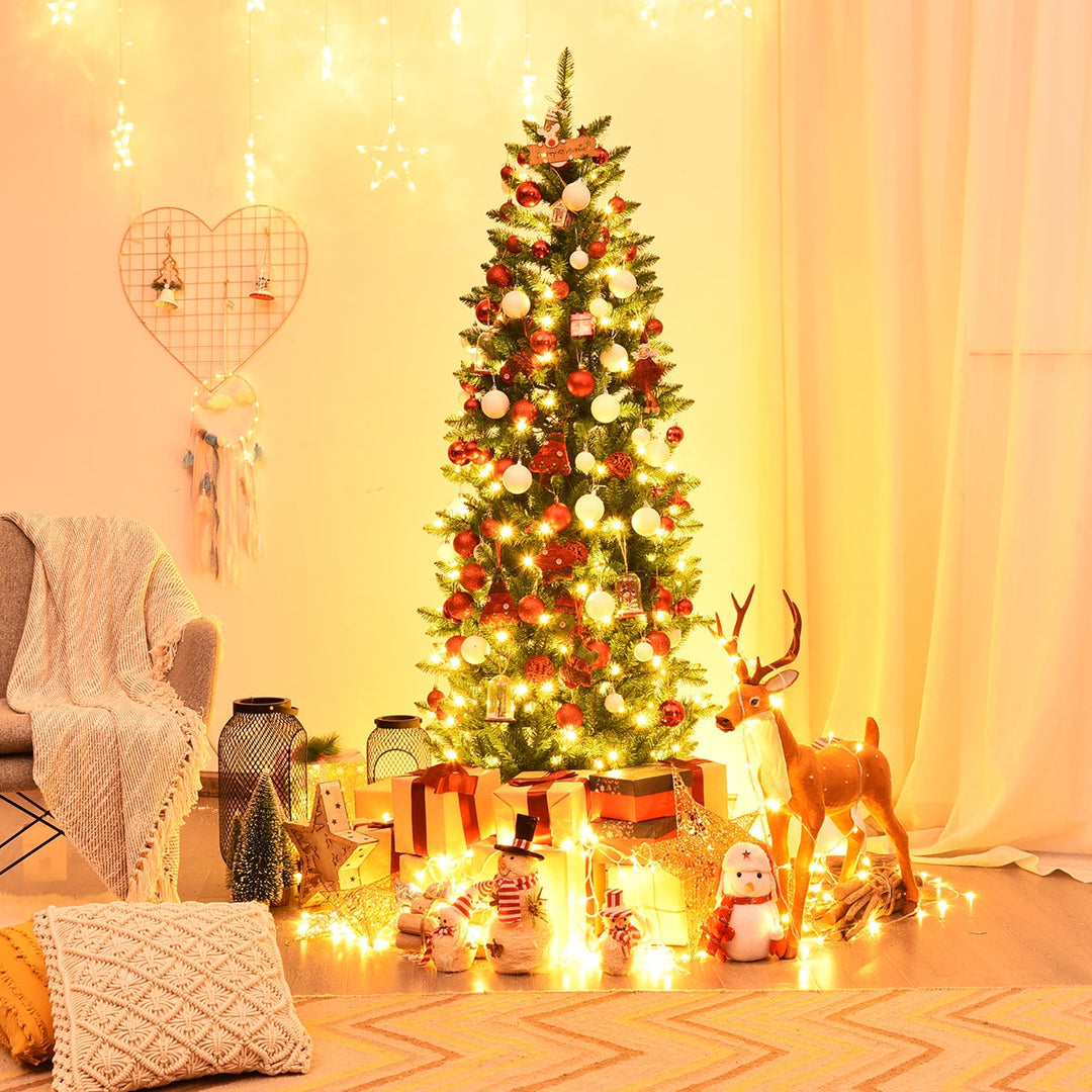 6 Feet PVC Hinged Pre-lit Artificial Fir Pencil Christmas Tree with 150 Lights