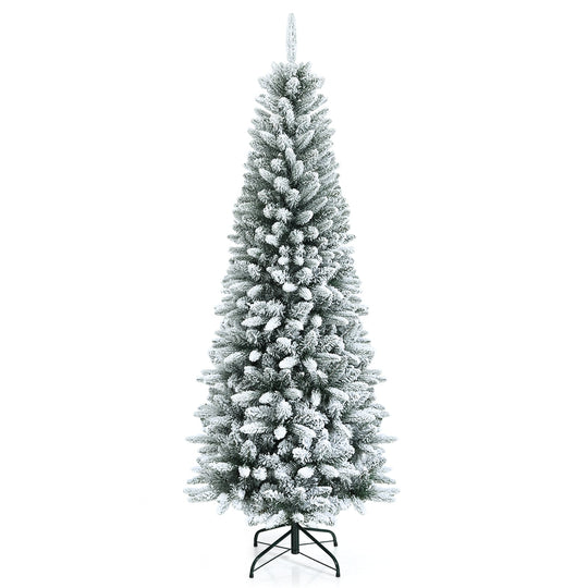 Snow-Flocked Hinged Artificial Christmas Pencil Tree with Mixed Tips