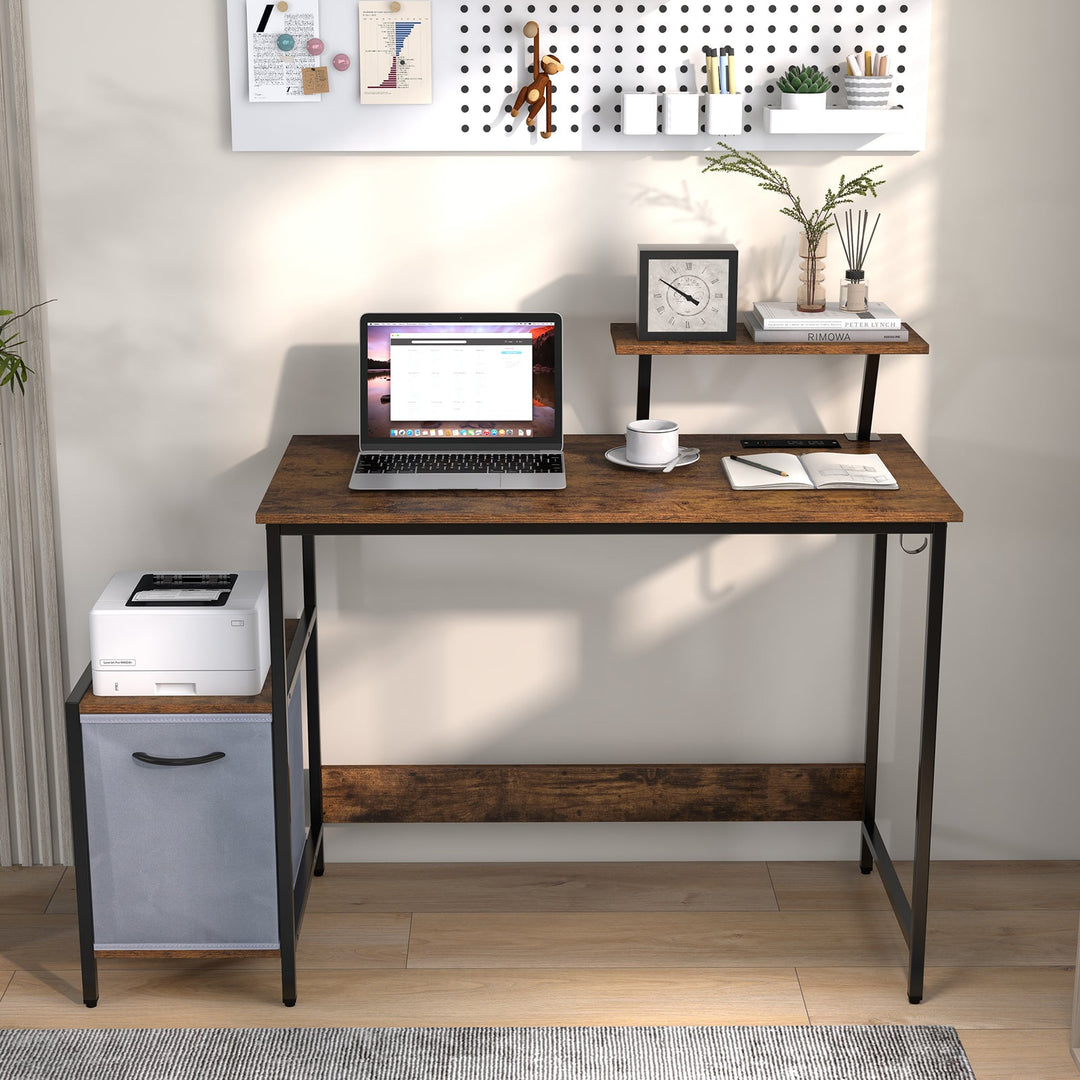 Computer Desk with Reversible Storage Drawer and Moveable Shelf-Brown