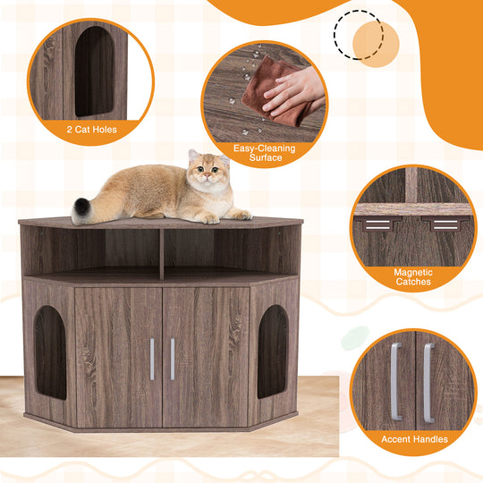 Corner Cat Litter Box Enclosure with Storage Shelves and Double Doors-Gray