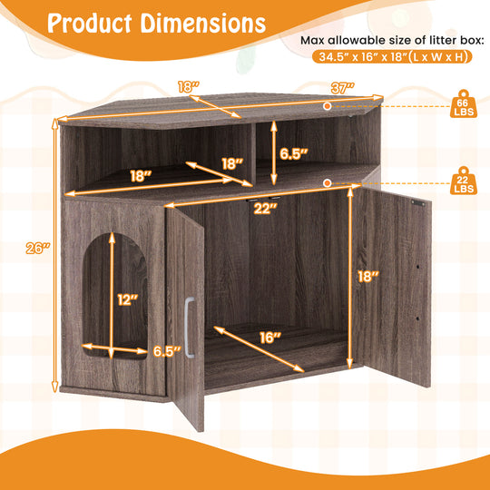 Corner Cat Litter Box Enclosure with Storage Shelves and Double Doors-Gray