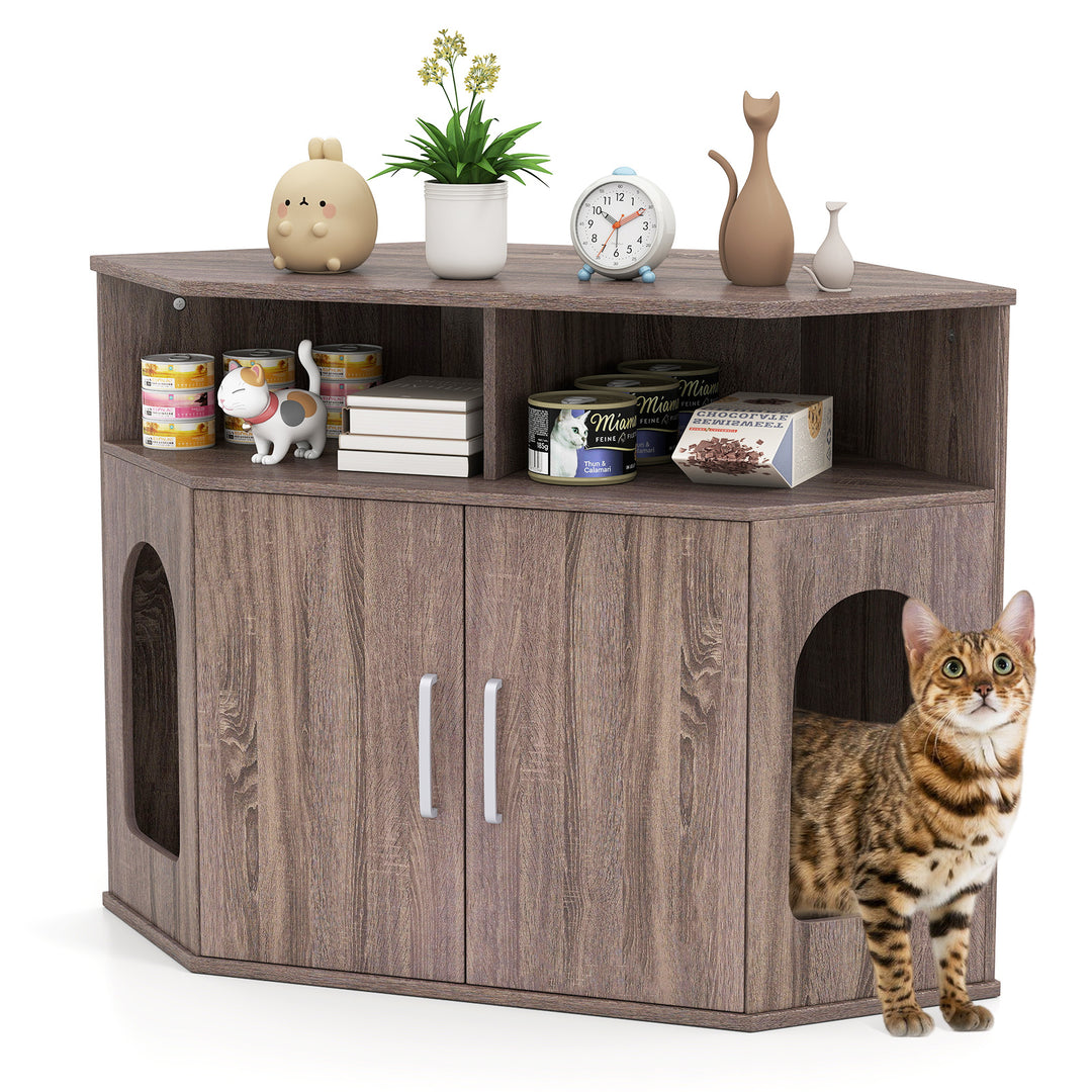 Corner Cat Litter Box Enclosure with Storage Shelves and Double Doors-Gray