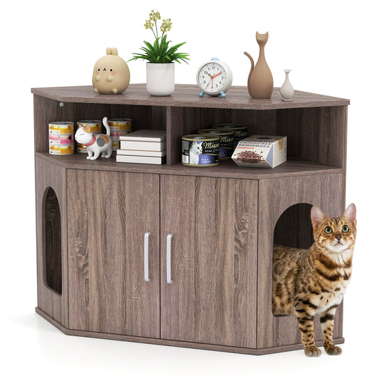 Corner Cat Litter Box Enclosure with Storage Shelves and Double Doors-Gray