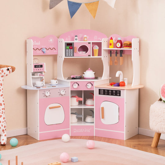 Corner Wooden Play Kitchen with Coffee Machine and Slide for Kids-Pink