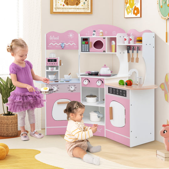 Corner Wooden Play Kitchen with Coffee Machine and Slide for Kids-Pink