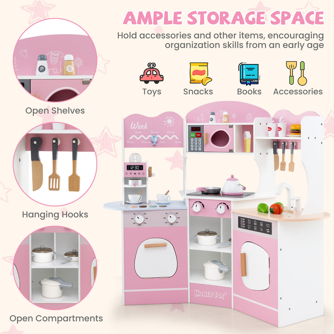 Corner Wooden Play Kitchen with Coffee Machine and Slide for Kids-Pink