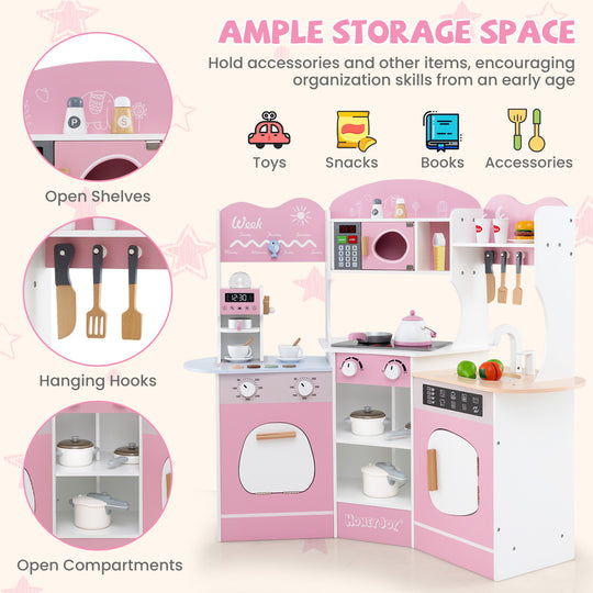 Corner Wooden Play Kitchen with Coffee Machine and Slide for Kids-Pink