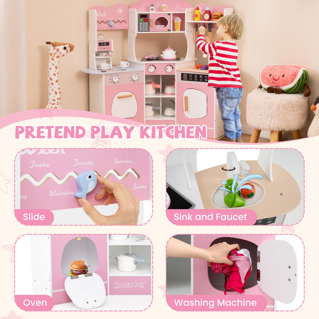 Corner Wooden Play Kitchen with Coffee Machine and Slide for Kids-Pink