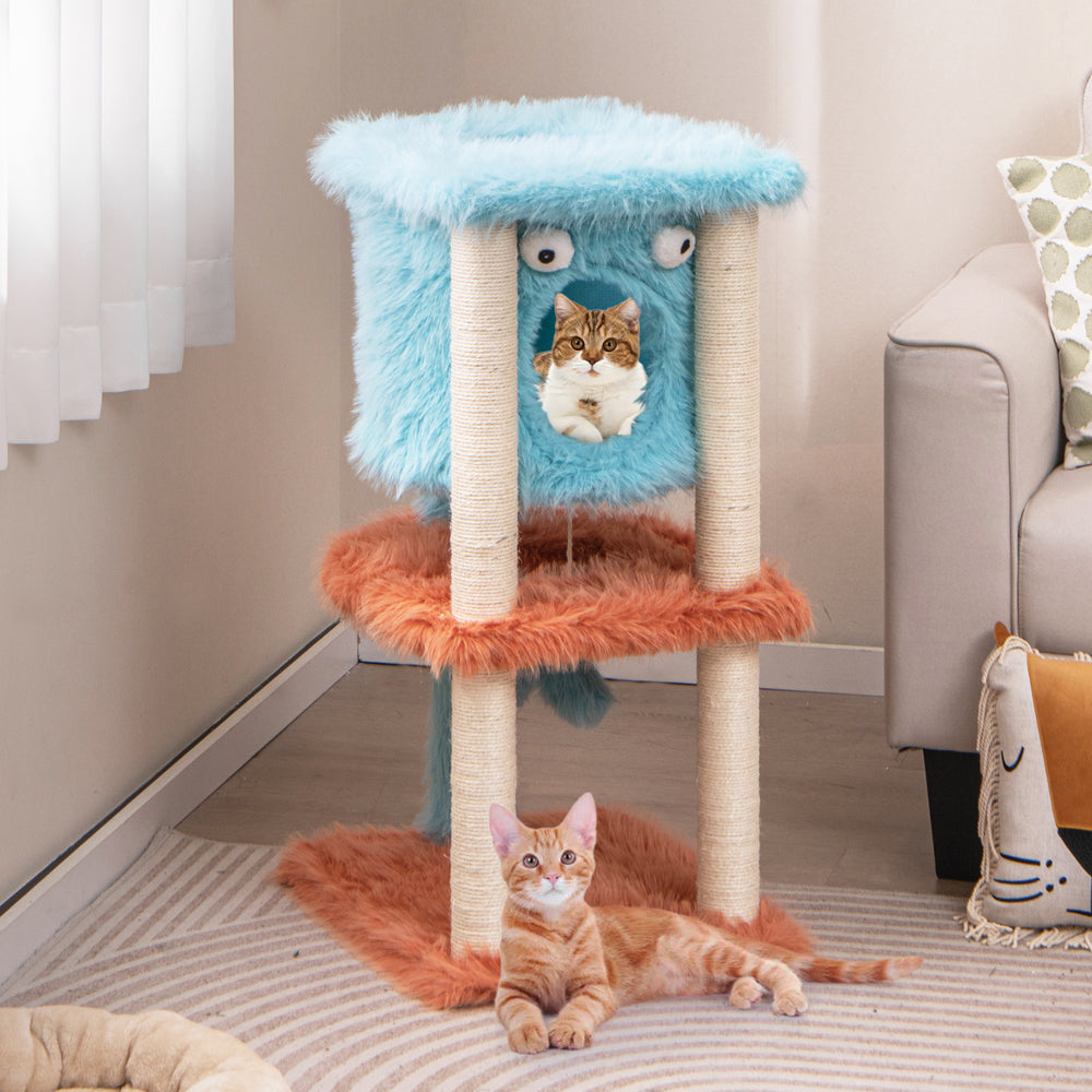 Cute Monster-Themed Cat Tower with Private Condo and Soft Long Plush-Blue