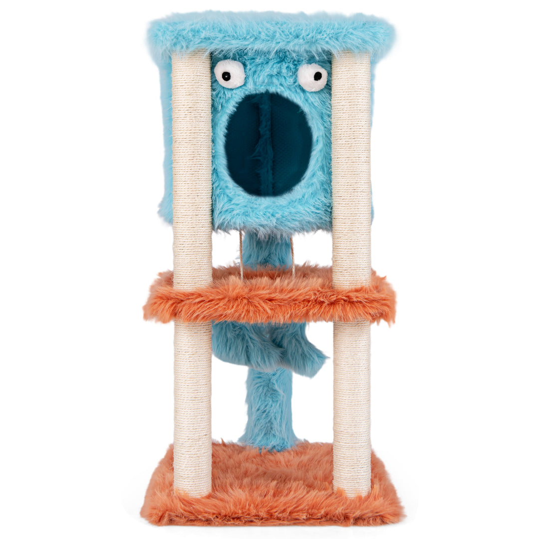 Cute Monster-Themed Cat Tower with Private Condo and Soft Long Plush-Blue