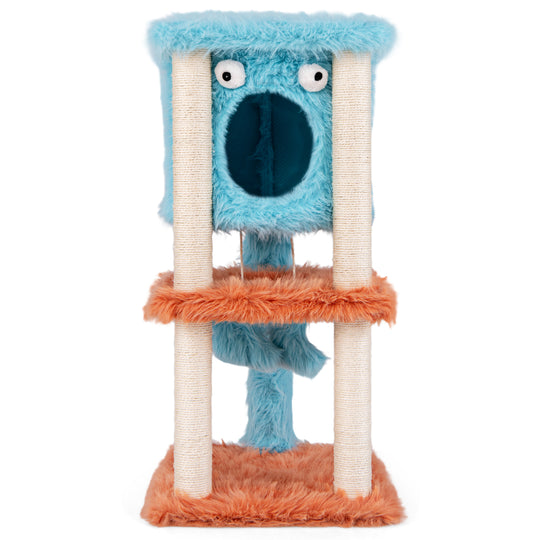 Cute Monster-Themed Cat Tower with Private Condo and Soft Long Plush-Blue