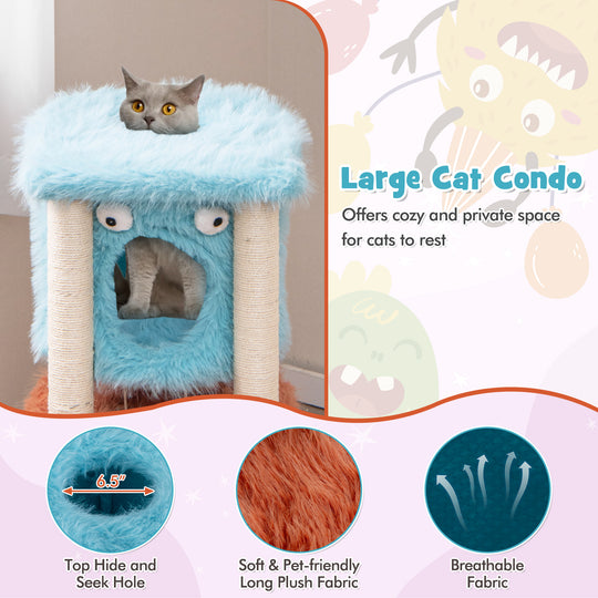 Cute Monster-Themed Cat Tower with Private Condo and Soft Long Plush-Blue