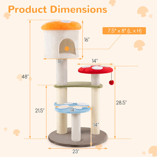 Cute Mushroom Cat Tree with Sisal Scratching Posts Top Condo and Padded Platforms-Multicolor