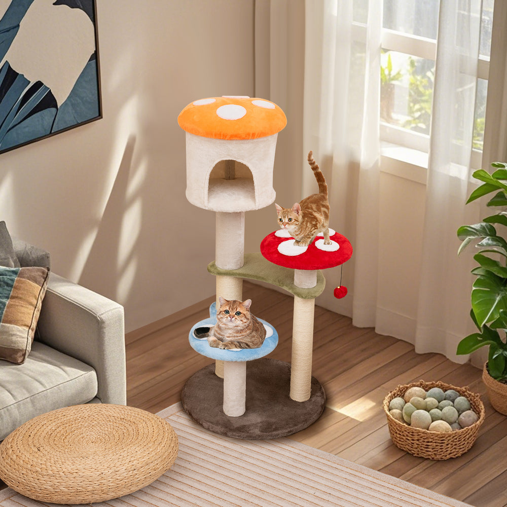 Cute Mushroom Cat Tree with Sisal Scratching Posts Top Condo and Padded Platforms-Multicolor