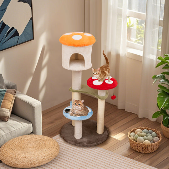 Cute Mushroom Cat Tree with Sisal Scratching Posts Top Condo and Padded Platforms-Multicolor