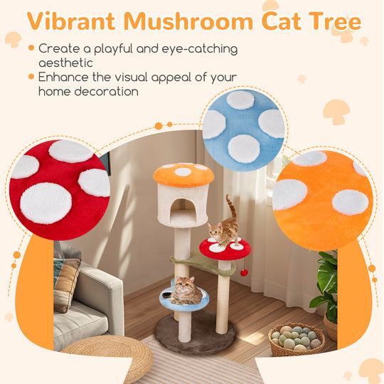 Cute Mushroom Cat Tree with Sisal Scratching Posts Top Condo and Padded Platforms-Multicolor