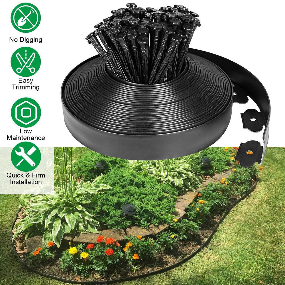 60FT Non-Digging Plastic Garden Edging Kit Plastic Garden Border with 54 Spikes 2In Tall Border Edging for Garden Lawn Yard Flower Beds