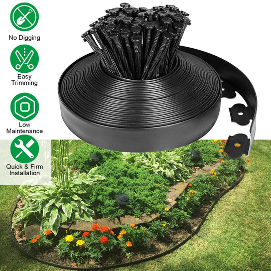 60FT Non-Digging Plastic Garden Edging Kit Plastic Garden Border with 54 Spikes 2In Tall Border Edging for Garden Lawn Yard Flower Beds