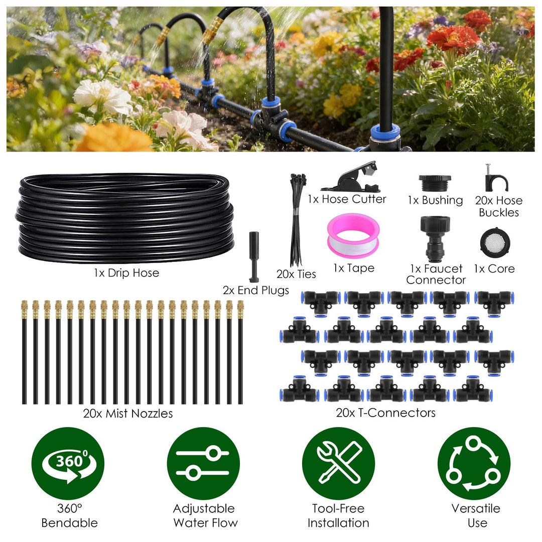 360° Bendable Drip Irrigation System with 49FT 5/8” Tubing Hose 5/16” Faucet Connector Automatic Watering Misting Kit For Garden Greenhouse Yard Lawn