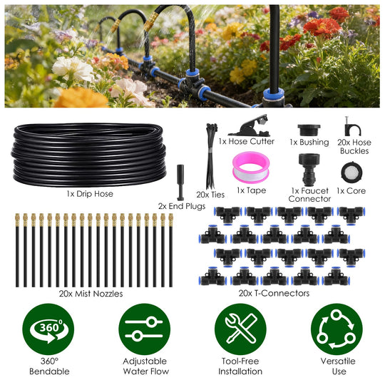 360° Bendable Drip Irrigation System with 49FT 5/8” Tubing Hose 5/16” Faucet Connector Automatic Watering Misting Kit For Garden Greenhouse Yard Lawn