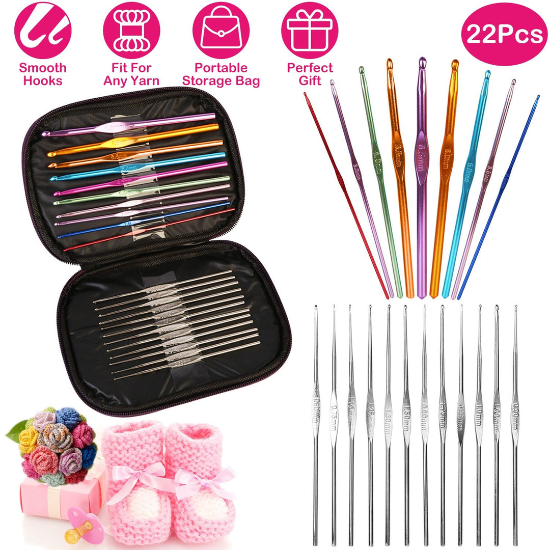 22Pcs Multi-Color Crochet Hook Needles Aluminum Handle Sewing Kit DIY Hand Knitting Craft Art Tools Weave Yarn Set 0.6mm-6.5mm w/ Storage Case