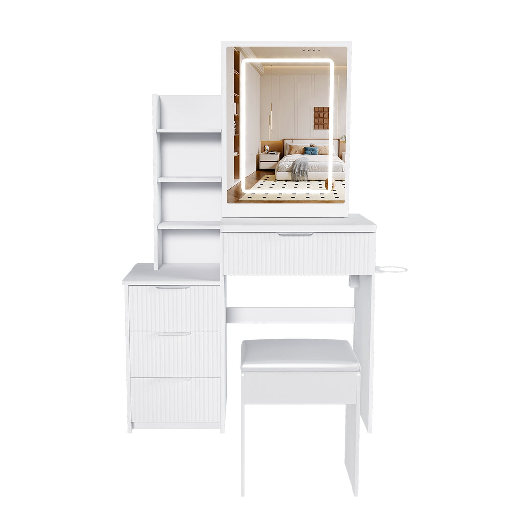 Vanity Desk Set Makeup Dressing Table with Stool, Lighted Mirror, 3 Drawers, 3 Open Shelves, 3 Open Cubbies, Power Stati