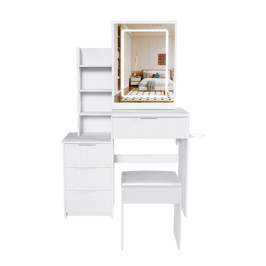 Vanity Desk Set Makeup Dressing Table with Stool, Lighted Mirror, 3 Drawers, 3 Open Shelves, 3 Open Cubbies, Power Stati
