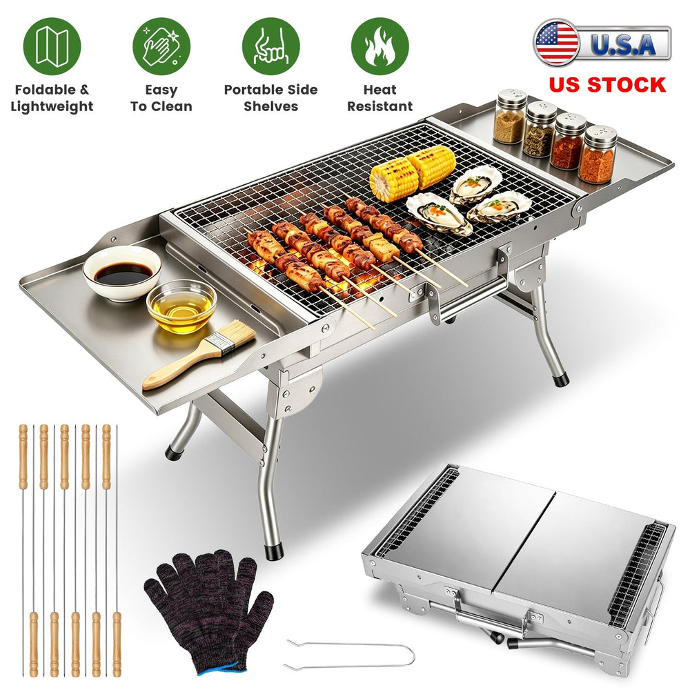 Foldable Charcoal Grill with Storage Shelf and 10 Skewers