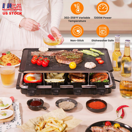 Raclette Grill for 8 People with Reversible Non-Stick Griddle