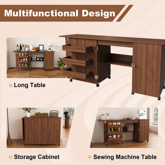 57.5" Foldable Sewing Machine Table with Storage & Casters