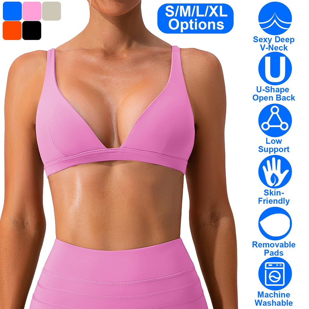 Women Deep V-Neck Sports Bras U-Shaped Back Sport Bras Padded StrappyÊCrop Open Back Low Impact Bras SexyÊFitnessÊTank Tops with Removable Pads for Gy