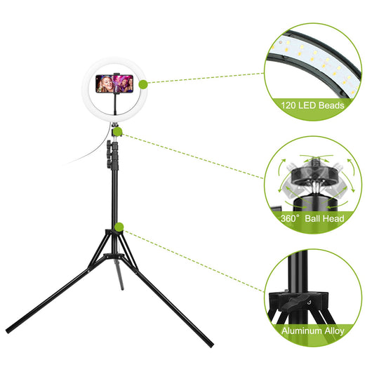10" LED Ring Light – Dimmable, Tripod Stand, Phone Holder, USB Powered