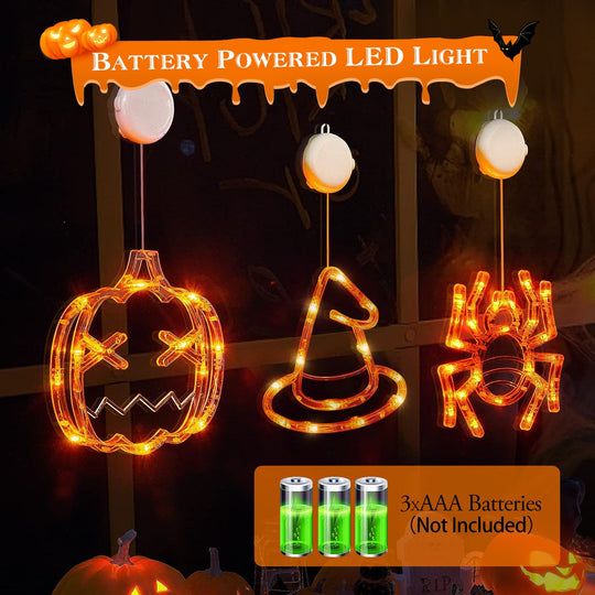 3 Pack Halloween Window Light Spider Witch Hat Pumpkin with Orange Light Hanging Halloween Decoration Light with Suction Cup Hanging Holes