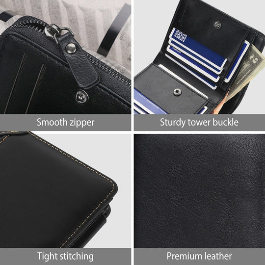 MenÕs Leather Wallet ID Card Holder Purse Trifold Clutch Money Zipper with ID Window_x000B__x000B_14 Credit Card 1 ID Card