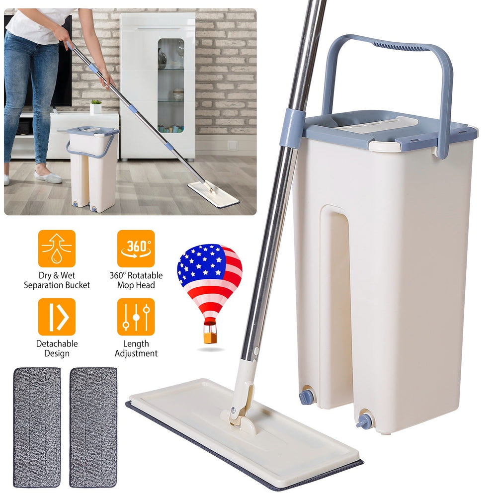 Flat Floor Mop Bucket Set Self Cleaning Wet Dry Usage with 2Pcs Reusable MicrofiberÊMop Pads